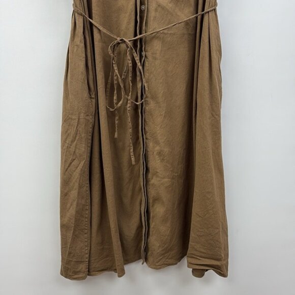 Vince Linen Blend Shirred Sleeveless A-Line Midi Dress Minimalist Brown Medium - Picture 4 of 9